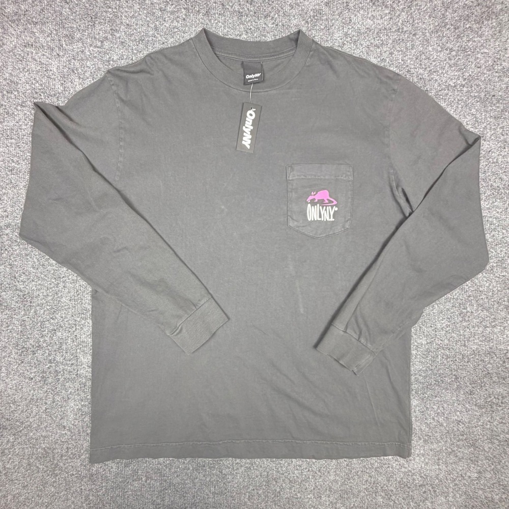 Only NY Long Sleeve Pocket T-Shirt Charcoal Grey Pink Rat Graphic Mens Med. NWT